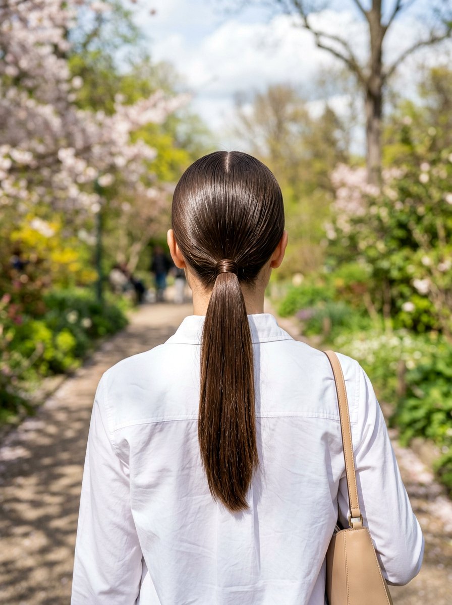 Low Middle Part Glossy Straight Ponytail - 20 glossy straight ponytail hairstyle
