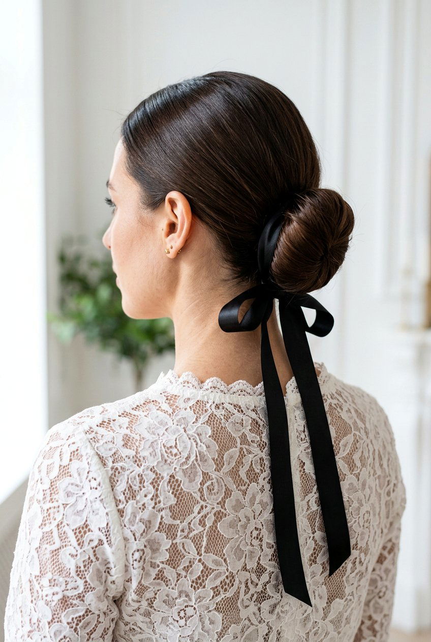 Low Nape Bun With Ribbon - 20 editorial slick bun hairstyle - 20 editorial slick bun hairstyle