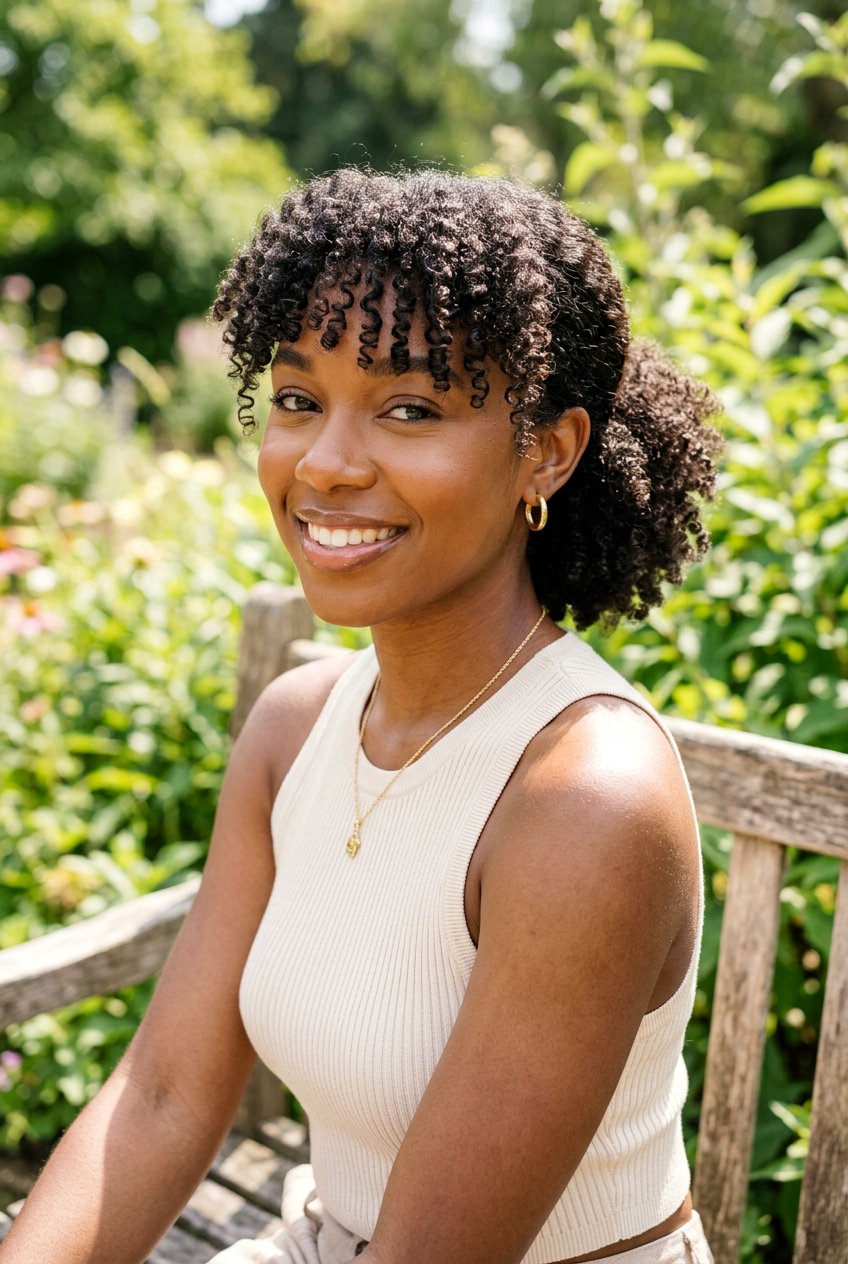 Low Natural Puff With Curly Bangs - 20 black women natural puff ideas - 20 black women natural puff ideas
