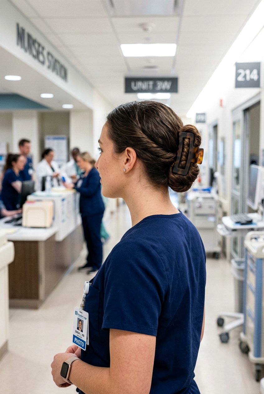 Low Nurse Bun With Claw Clip - 20 nurse bun hairstyles - 20 nurse bun hairstyles