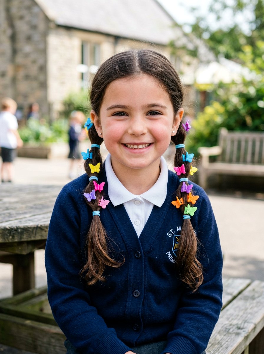 Low Pigtails With Butterfly Clips - 20 simple school hairstyle with clips - 20 simple school hairstyle with clips
