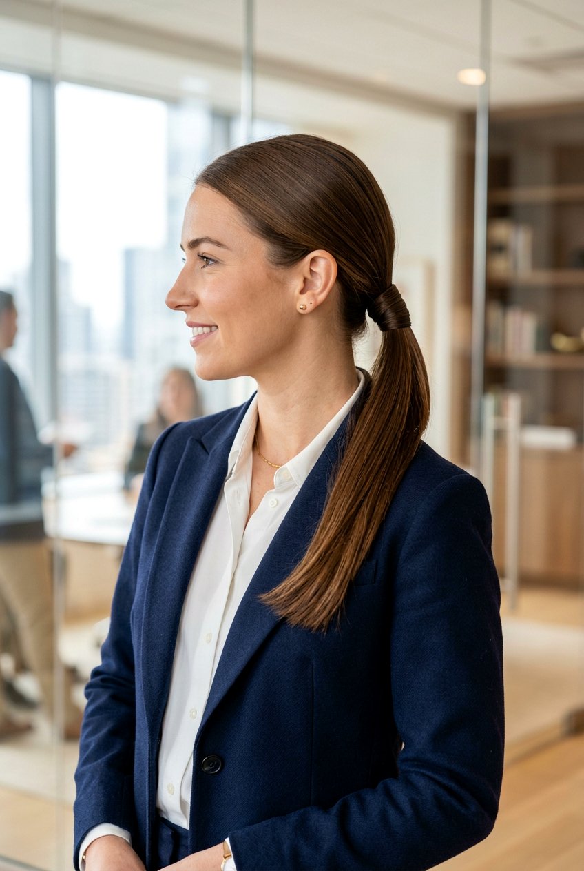 Low Ponytail - 20 simple hairstyle for interview with medium hair - 20 simple hairstyle for interview with medium hair