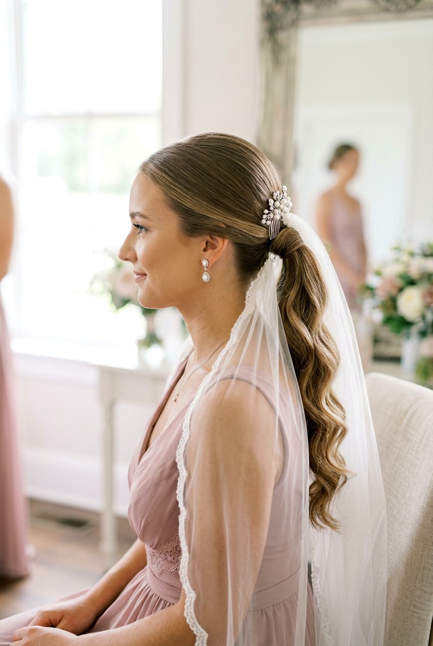 Low Ponytail Bridesmaid Hairstyle With Veil Friendly Finish - 20 bridesmaid low ponytail hairstyle - 20 bridesmaid low ponytail hairstyle