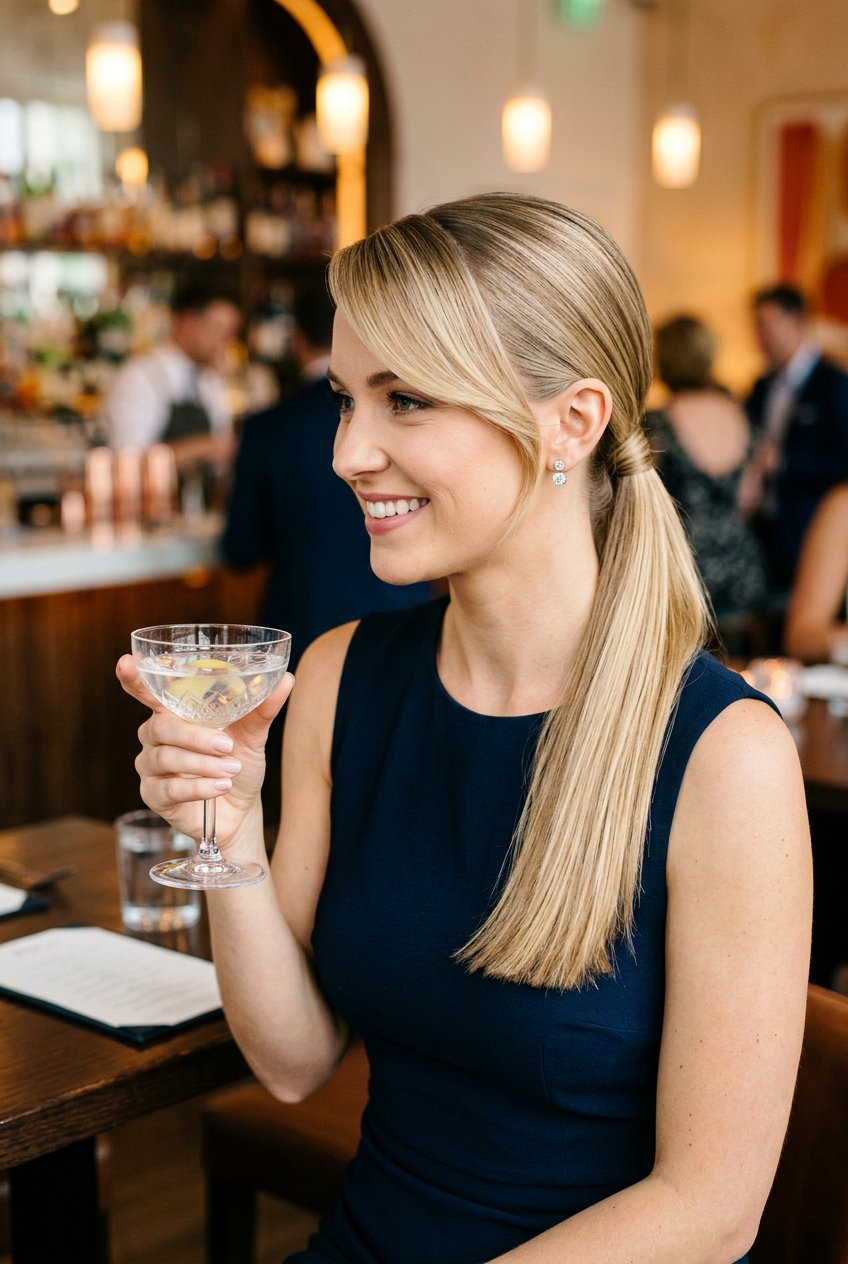 Low Ponytail Cocktail Hairstyle With Side Part - 20 cocktail party hairstyles - 20 cocktail party hairstyles