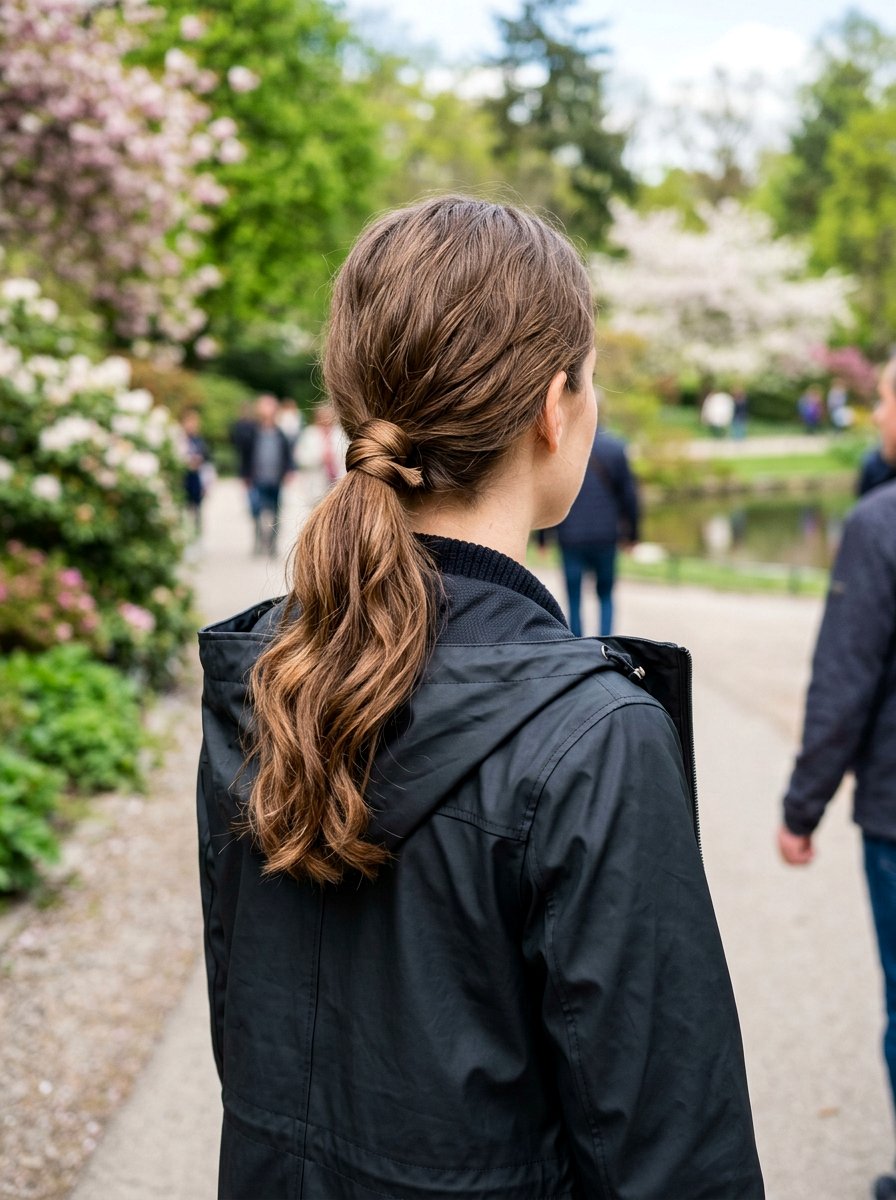 Low Ponytail For Humid Commute - 20 office hairstyle for rainy days - 20 office hairstyle for rainy days