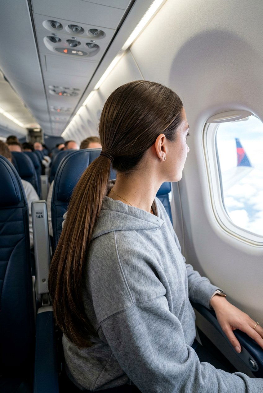 Low Ponytail For Long Flights - 20 airplane hairstyles for long hair - 20 airplane hairstyles for long hair