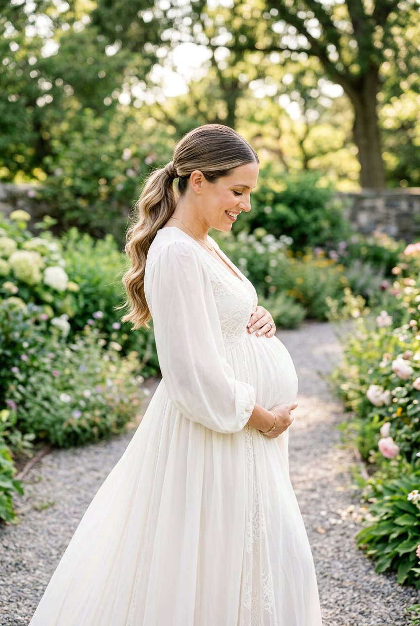 Low Ponytail Maternity Photoshoot Hair - 20 maternity photo shoot hairstyles - 20 maternity photo shoot hairstyles