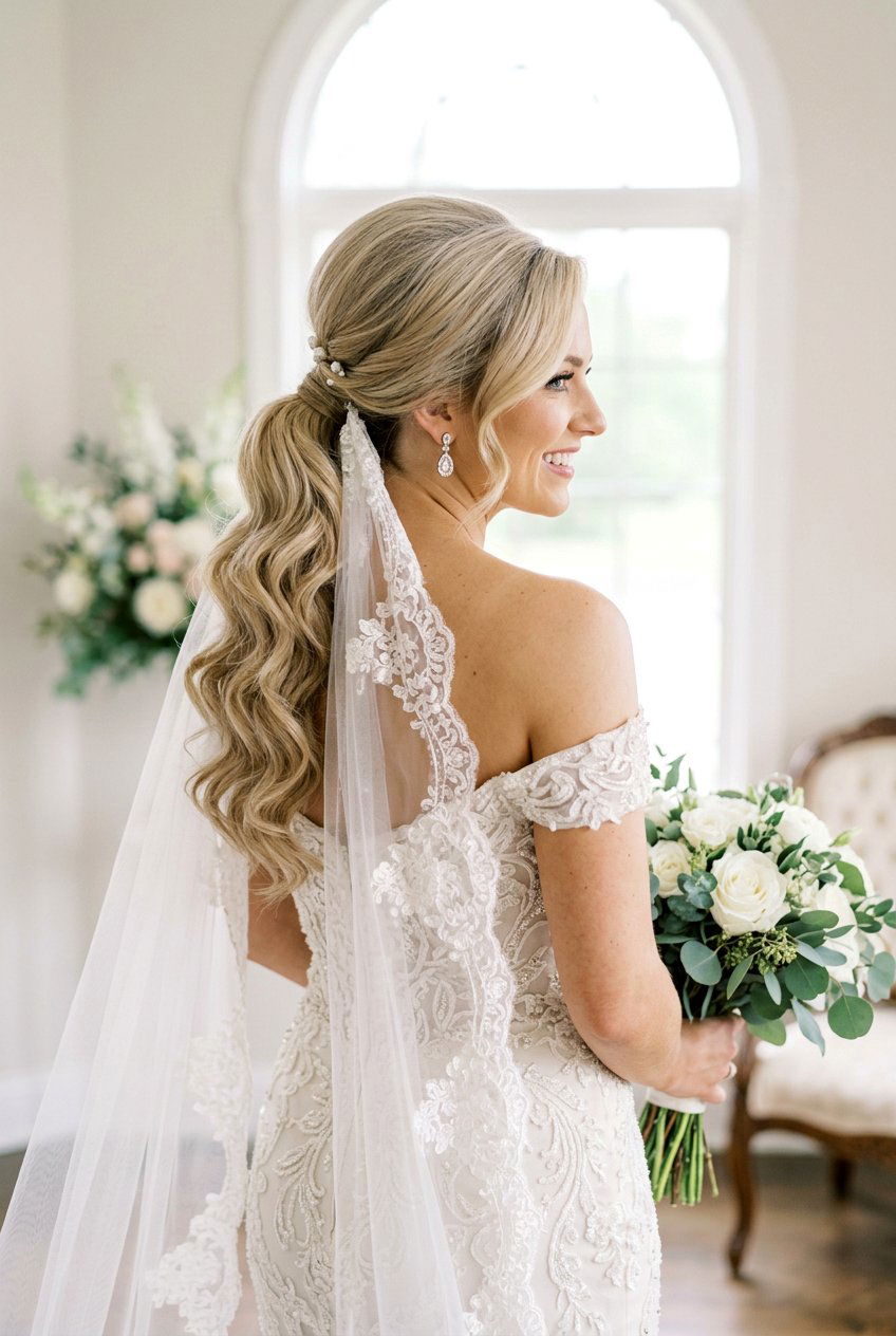 Low Ponytail With Bouffant And Cascading Waves - 20 bridal low ponytail with waves - 20 bridal low ponytail with waves