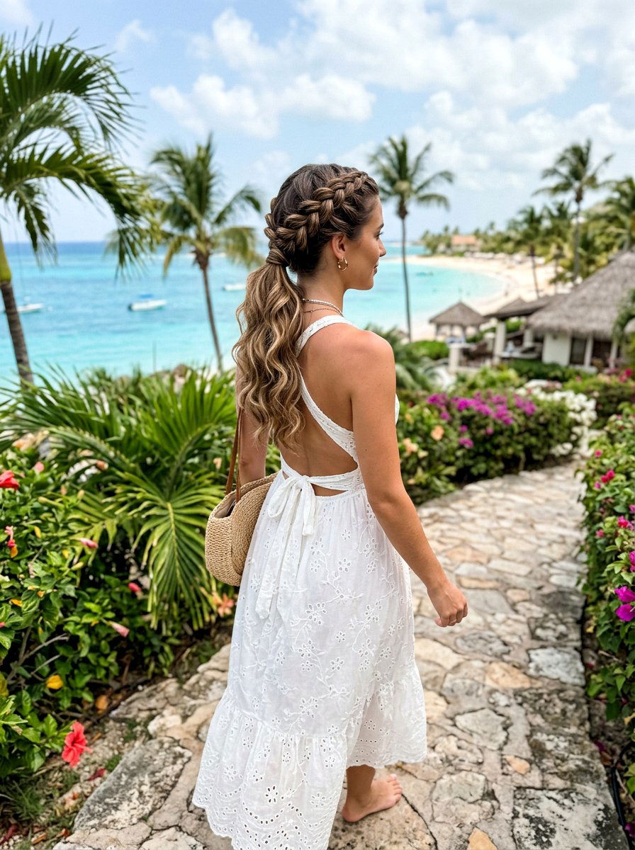 Low Ponytail With Braided Crown For Resort Dinner - 20 resort dinner ponytail hairstyle - 20 resort dinner ponytail hairstyle