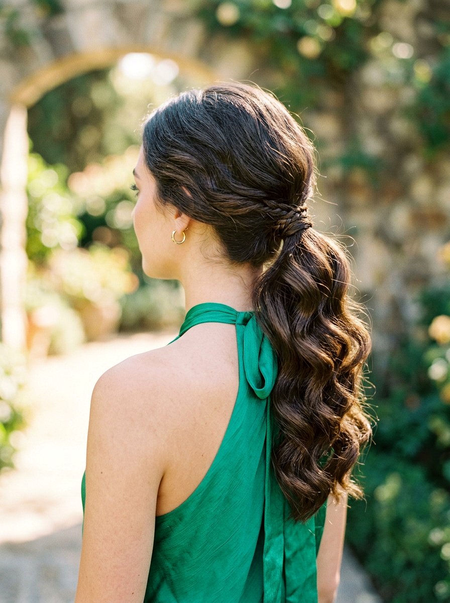 Low Ponytail With Chunky Waves And Mini Braid Accent - 20 wedding guest low ponytail with waves - 20 wedding guest low ponytail with waves