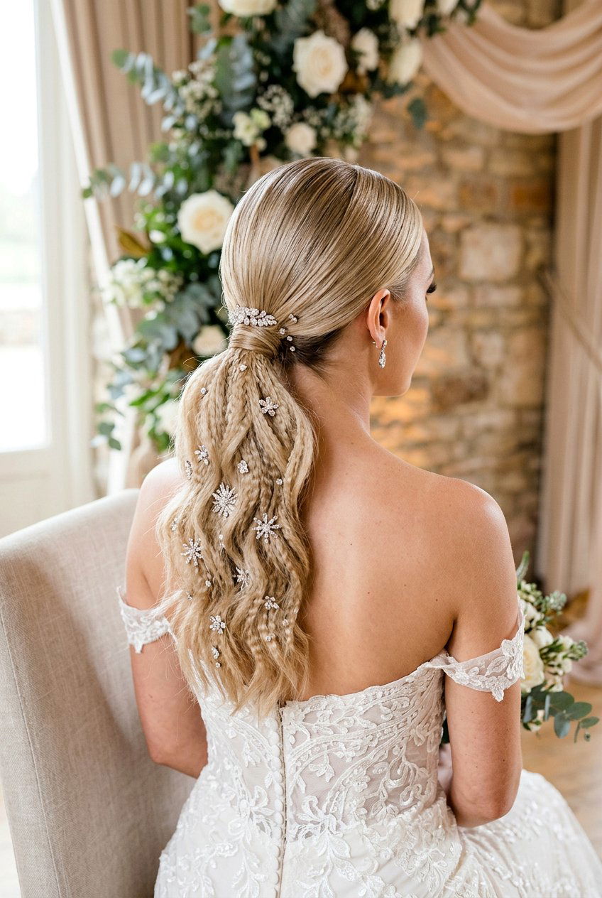 Low Ponytail With Crimped Waves And Crystal Pins - 20 bridal low ponytail with waves - 20 bridal low ponytail with waves