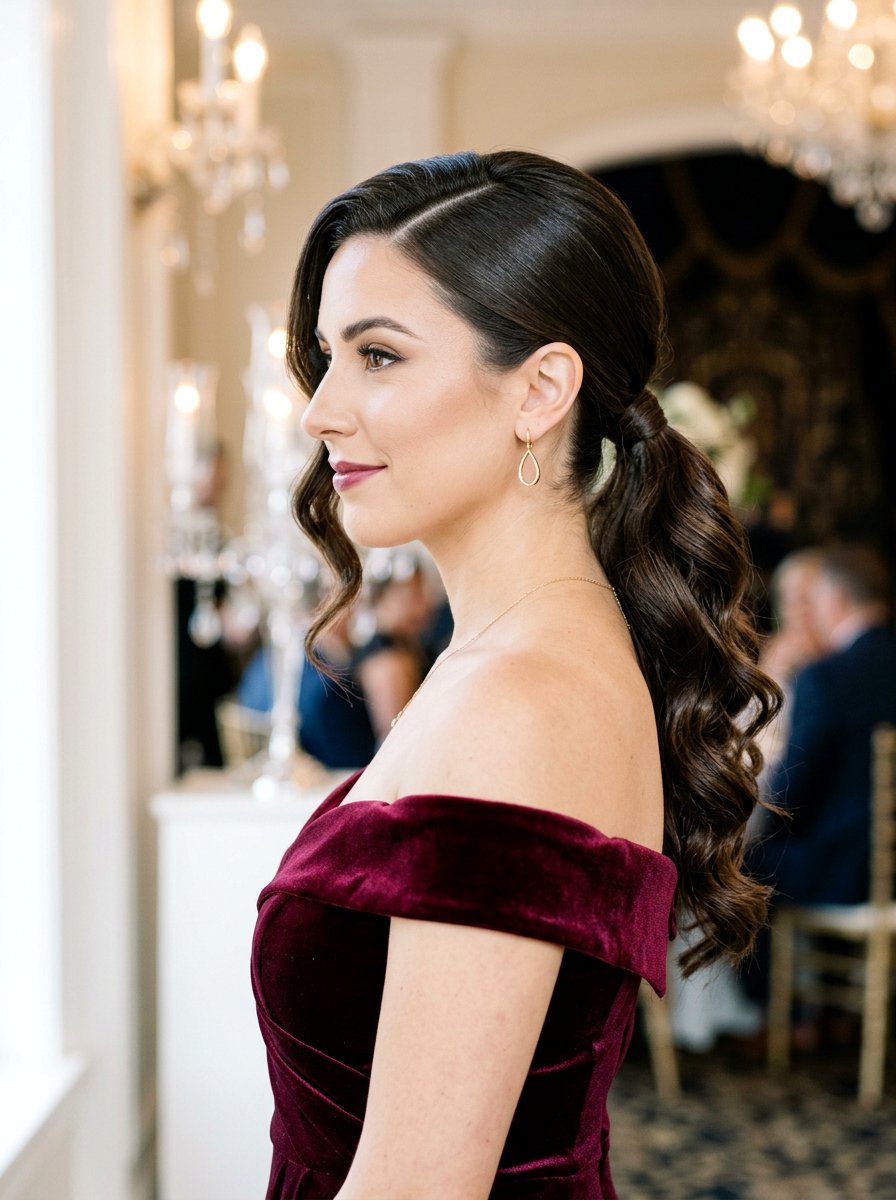 Low Ponytail With Deep Side Part And Waves - 20 wedding guest low ponytail with waves - 20 wedding guest low ponytail with waves