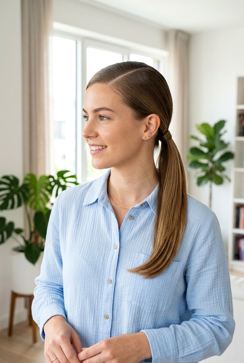 Low Ponytail With Deep Side Part - 20 business casual ponytail hairstyle - 20 business casual ponytail hairstyle