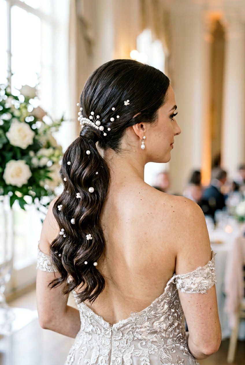 Low Ponytail With Deep Waves And Pearl Accessories - 20 bridal low ponytail with waves - 20 bridal low ponytail with waves