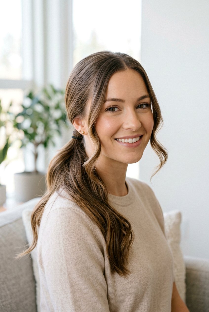 Low Ponytail With Face Framing Pieces - 20 engagement photo ponytail hairstyle - 20 engagement photo ponytail hairstyle