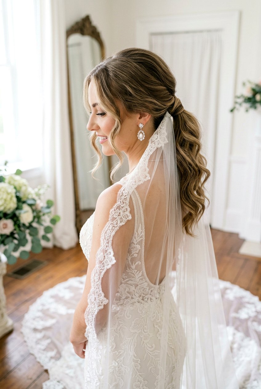 Low Ponytail With Face Framing Waves And Veil - 20 bridal low ponytail with waves - 20 bridal low ponytail with waves