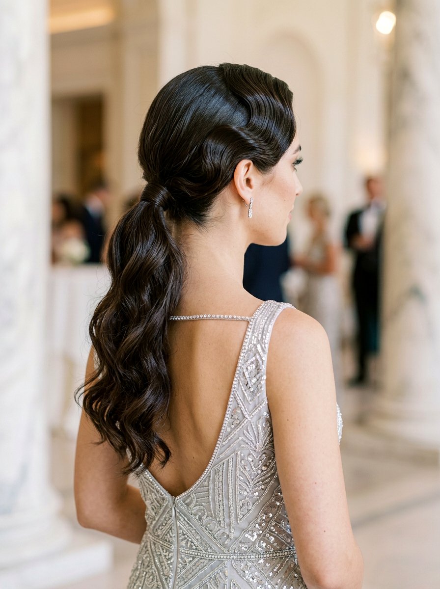 Low Ponytail With Finger Waves And Loose Wavy Ends - 20 wedding guest low ponytail with waves - 20 wedding guest low ponytail with waves