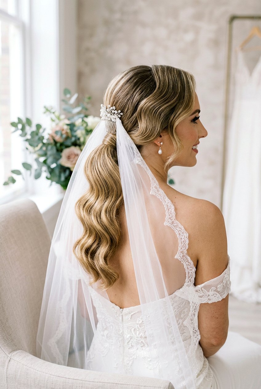 Low Ponytail With Hollywood Waves And Veil - 20 wedding ponytail with waves - 20 wedding ponytail with waves