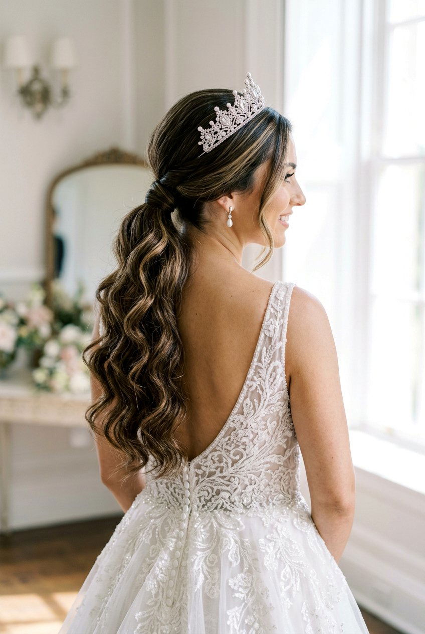 Low Ponytail With Mermaid Waves And Bridal Crown - 20 bridal low ponytail with waves - 20 bridal low ponytail with waves