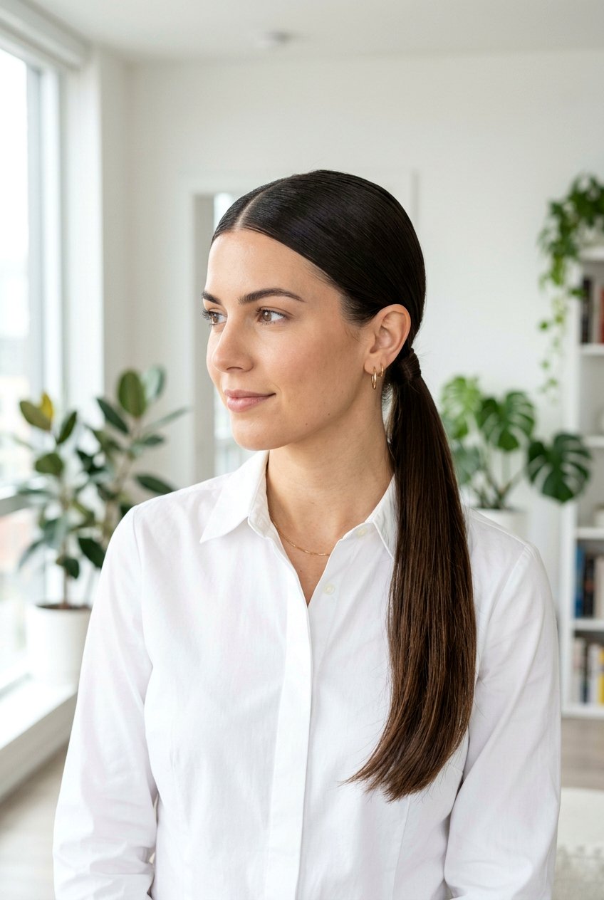 Low Ponytail With Middle Part - 20 frizz free ponytail hairstyles - 20 frizz free ponytail hairstyles