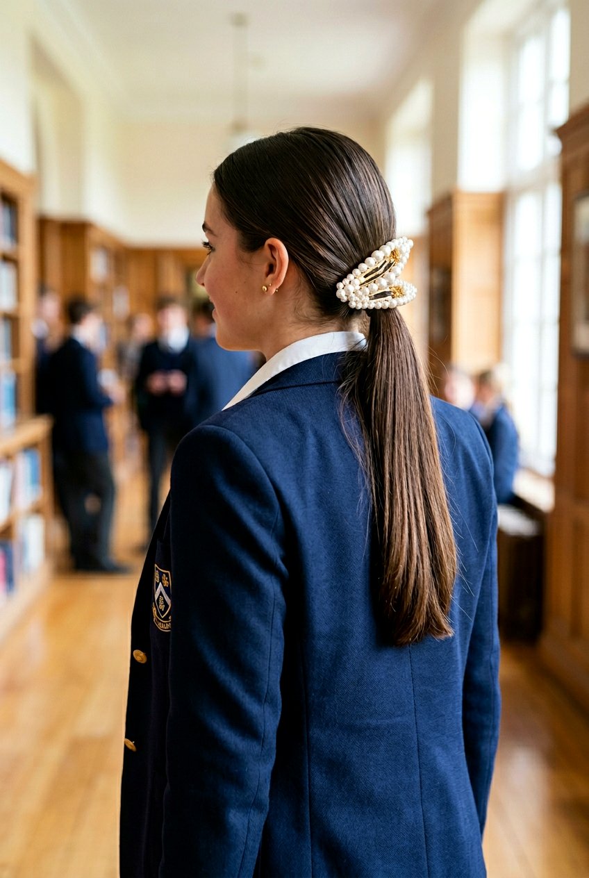 Low Ponytail With Pearl Barrette - 20 school hairstyle with pearl clips - 20 school hairstyle with pearl clips