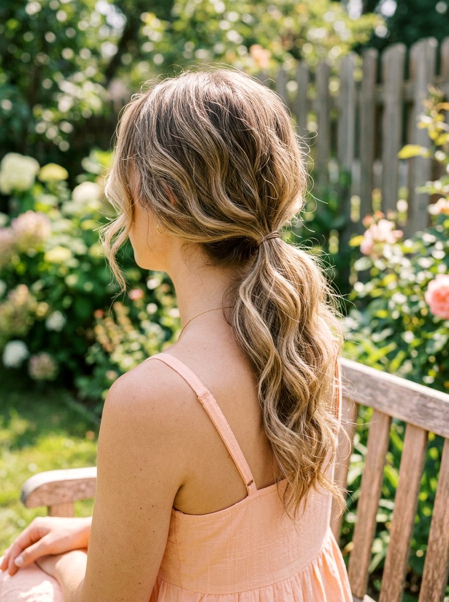 Low Ponytail With Piecey Waves And Soft Flyaways - 20 wedding guest low ponytail with waves - 20 wedding guest low ponytail with waves
