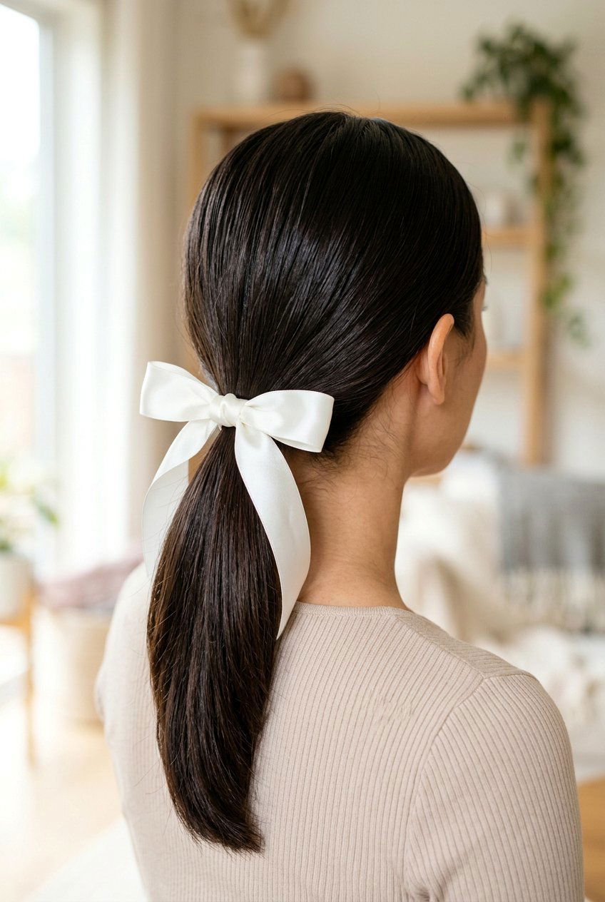 Low Ponytail With Ribbon - 20 quick hairstyles for school - 20 quick hairstyles for school