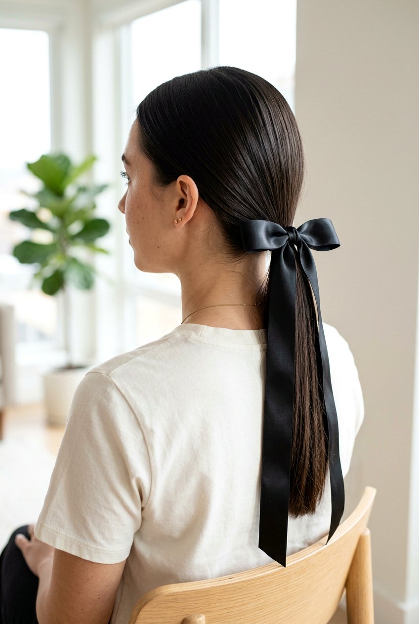 Low Ponytail With Ribbon Bow - 20 bow hairstyles for women - 20 bow hairstyles for women