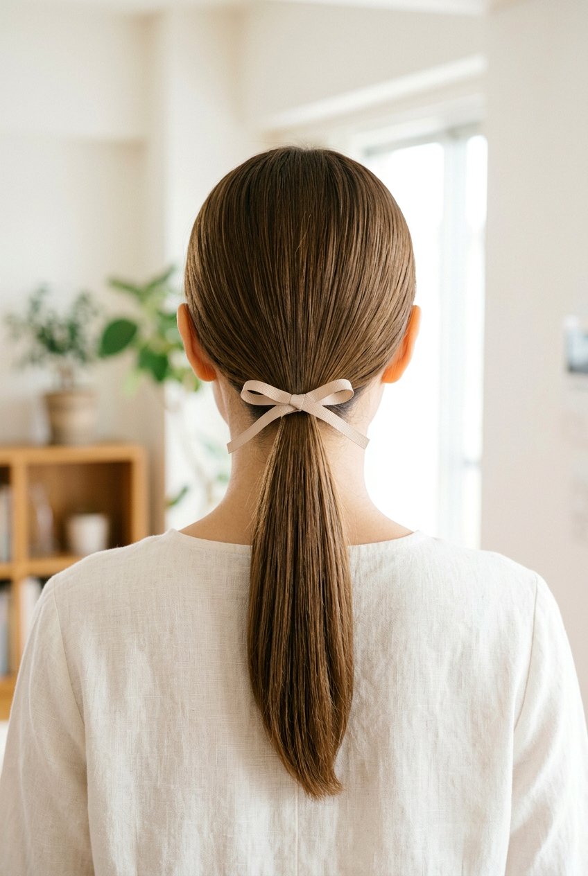 Low Ponytail With Ribbon For Work Calls - 20 tidy hairstyles for work from home - 20 tidy hairstyles for work from home