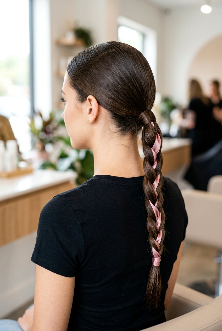Low Ponytail With Ribbon Woven Braid - 20 ribbon woven braid hairstyle - 20 ribbon woven braid hairstyle