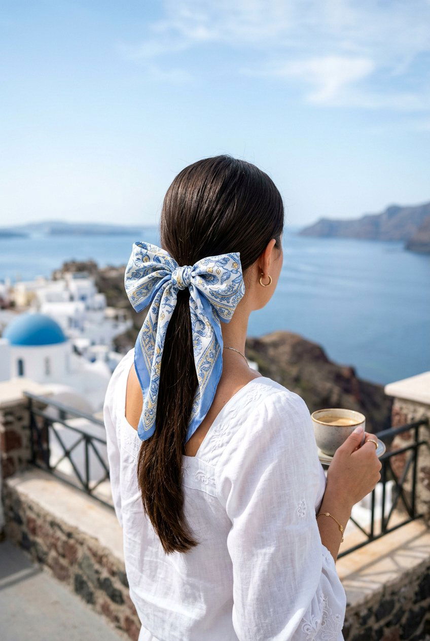 Low Ponytail With Scarf Bow - 20 beach hairstyle with low scarf ponytail - 20 beach hairstyle with low scarf ponytail