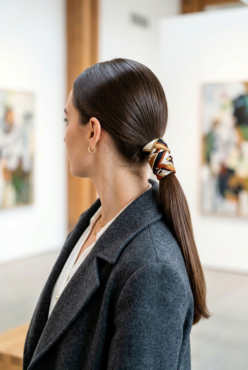 Low Ponytail With Scarf Wrapped Base - 20 scarf ponytail hairstyle - 20 scarf ponytail hairstyle