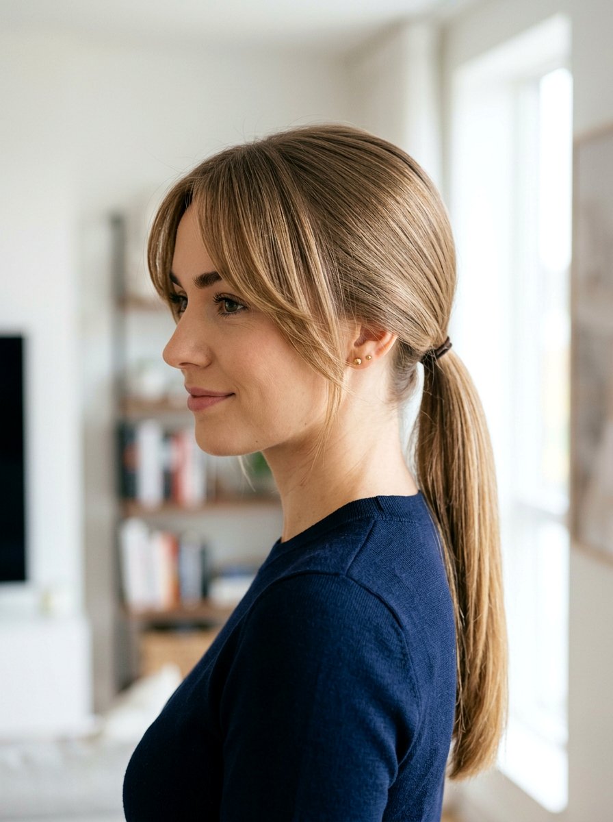 Low Ponytail With Side Bangs For Zoom Meeting - 20 zoom call ponytail hairstyle