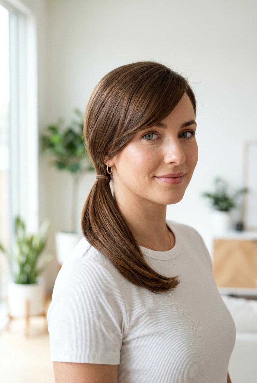 Low Ponytail With Side Swept Bangs - 20 low ponytail with face framing pieces - 20 low ponytail with face framing pieces