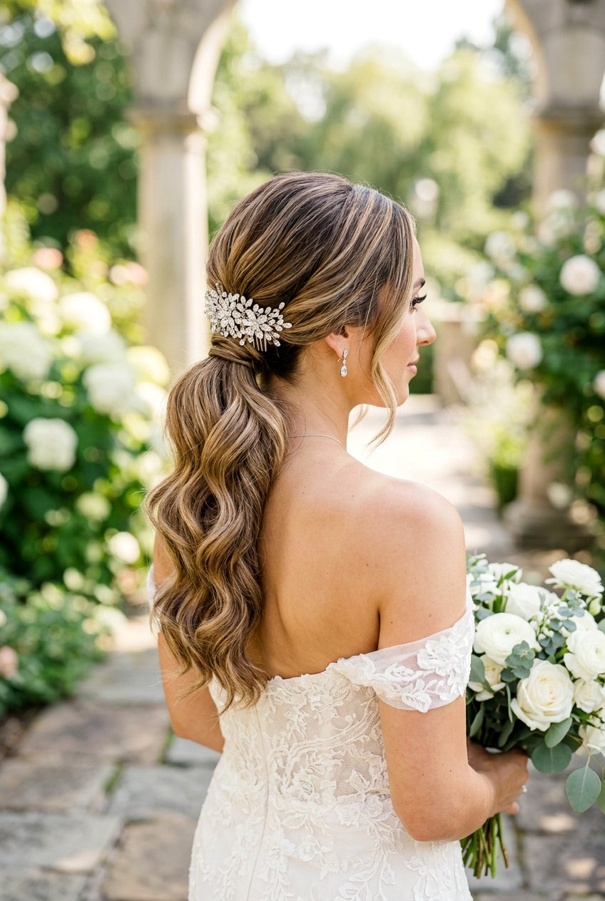 Low Ponytail With Side Swept Waves And Hairpiece - 20 bridal low ponytail with waves - 20 bridal low ponytail with waves