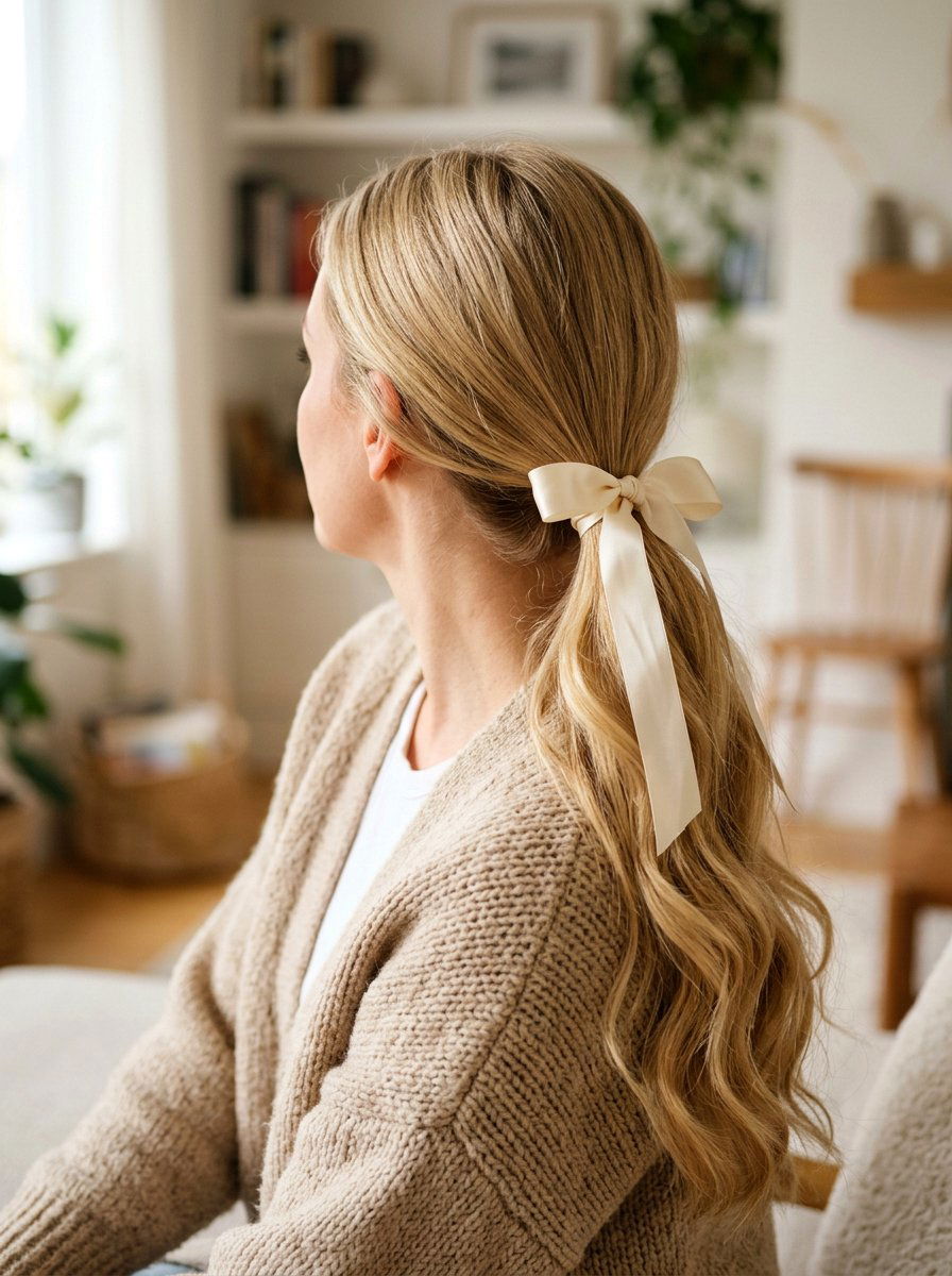 Low Ponytail With Silk Ribbon - 20 light academia ponytail hairstyle - 20 light academia ponytail hairstyle