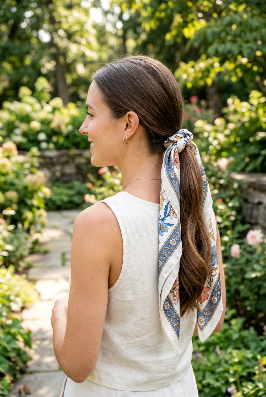 Low Ponytail With Silk Scarf - 20 scarf ponytail hairstyle - 20 scarf ponytail hairstyle