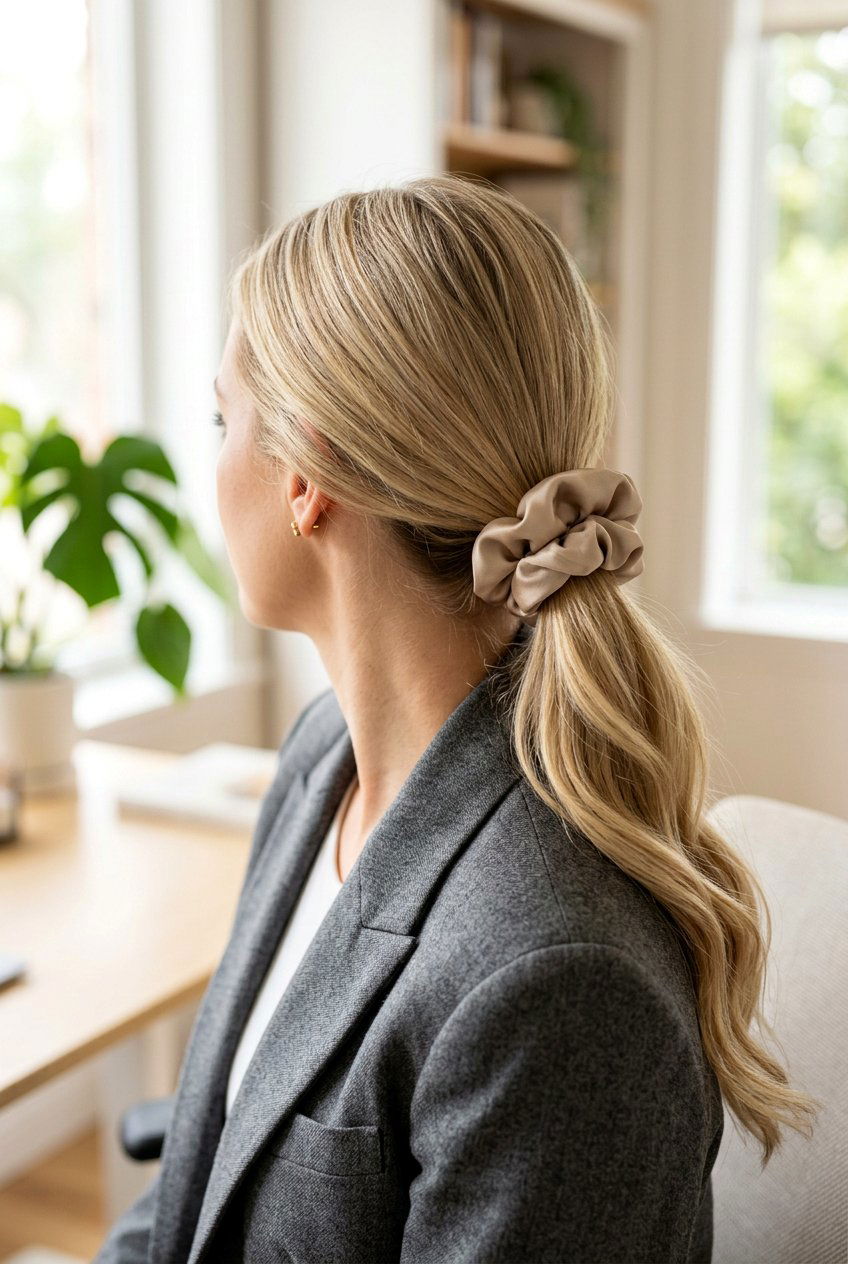 Low Ponytail With Silk Scrunchie - 20 elegant office ponytail for fine hair - 20 elegant office ponytail for fine hair