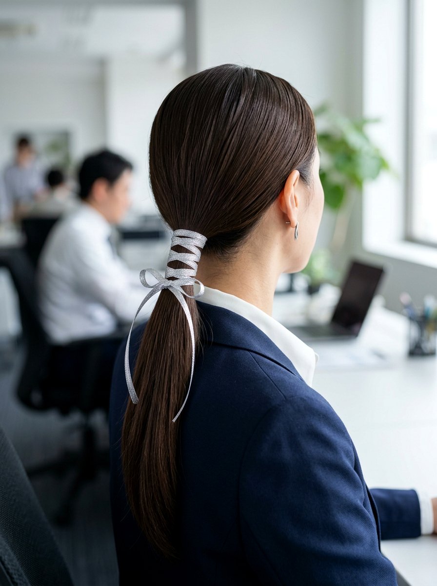 Low Ponytail With Silver Ribbon - 20 silver ribbons for shoulder length hair - 20 silver ribbons for shoulder length hair