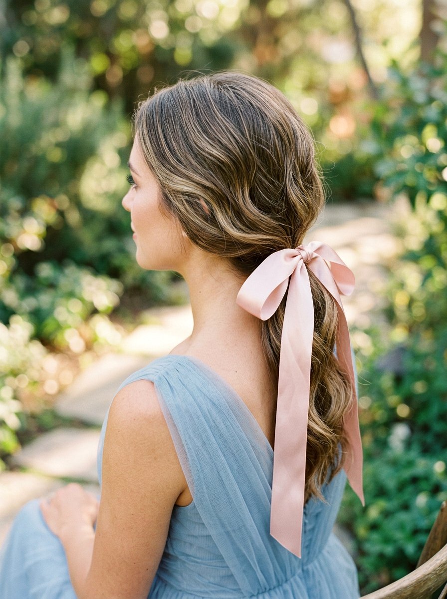 Low Ponytail With Slight Waves And Satin Ribbon - 20 wedding guest low ponytail with waves - 20 wedding guest low ponytail with waves