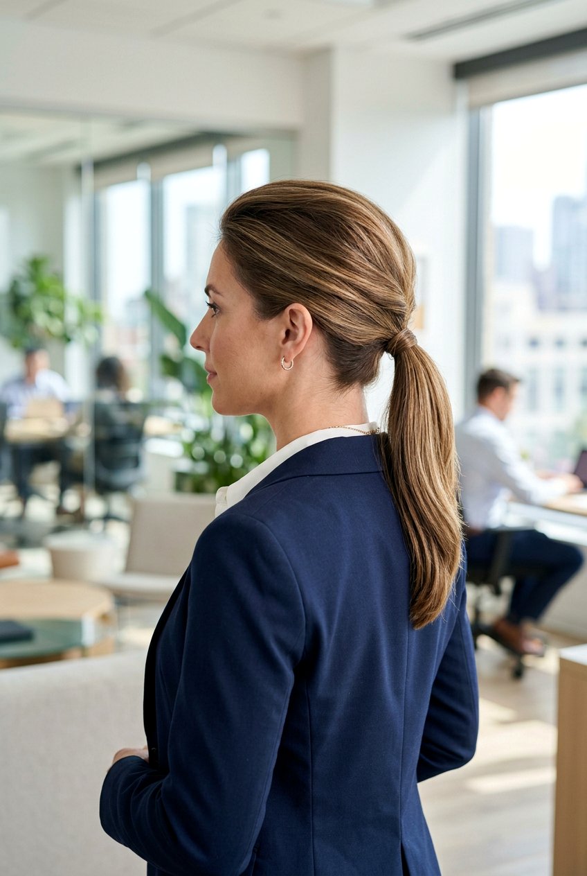 Low Ponytail With Soft Crown Volume - 20 interview ponytail hairstyle - 20 interview ponytail hairstyle