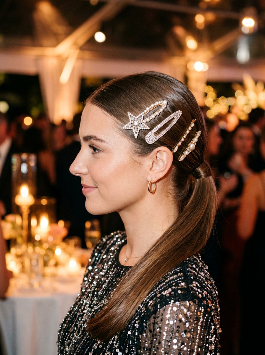 Low Ponytail With Sparkling Hair Clips - 20 date night hairstyle with soft glam ponytail - 20 date night hairstyle with soft glam ponytail