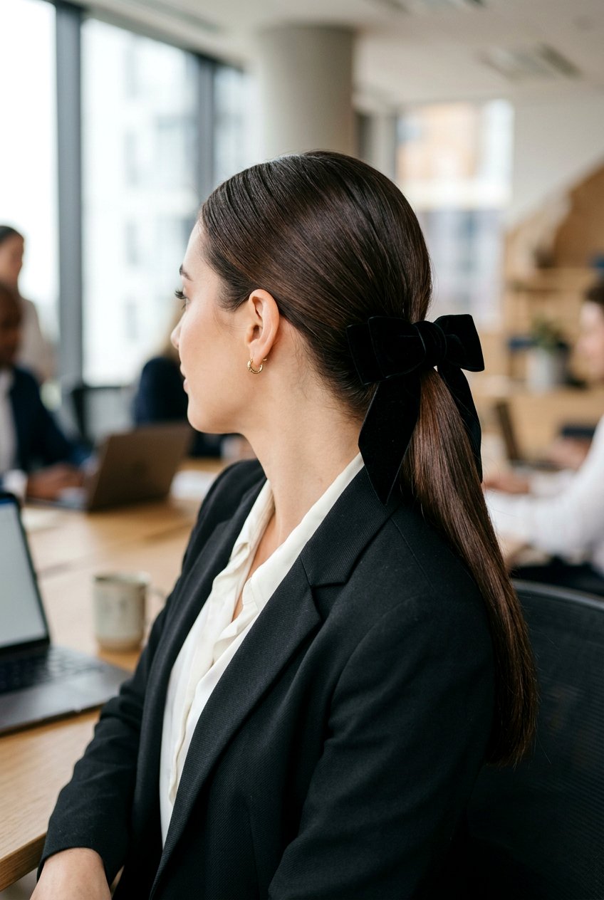 Low Ponytail With Velvet Bow - 20 coquette hairstyle with ribbon bow - 20 coquette hairstyle with ribbon bow