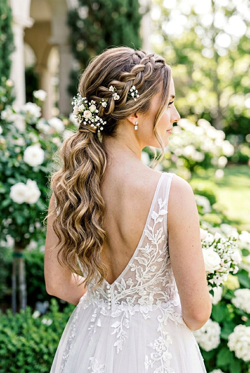 Low Ponytail With Waterfall Braid And Flowing Waves - 20 bridal low ponytail with waves - 20 bridal low ponytail with waves