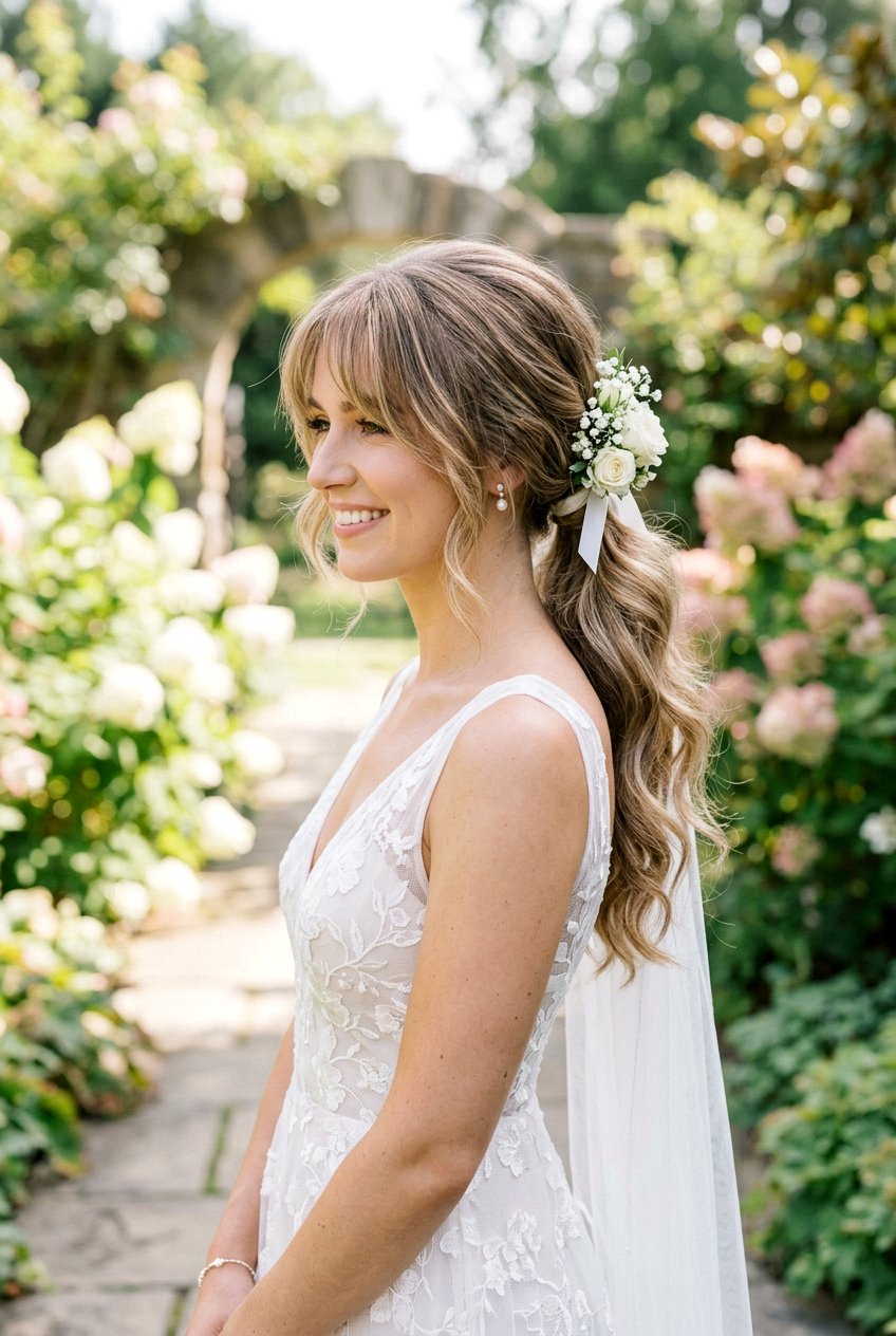Low Ponytail With Wispy Bangs And Gentle Waves - 20 bridal low ponytail with waves - 20 bridal low ponytail with waves