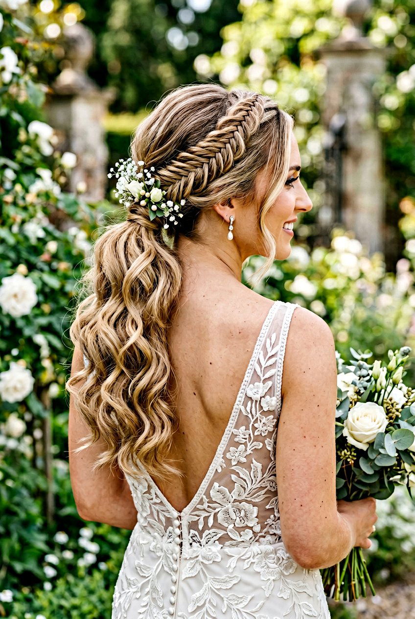 Low Ponytail With Woven Braid And Bouncy Waves - 20 bridal low ponytail with waves - 20 bridal low ponytail with waves