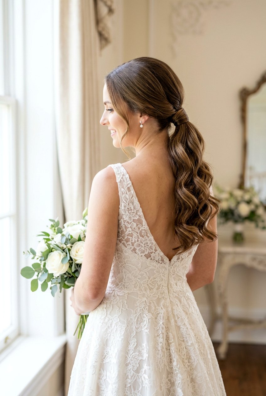 Low Ponytail With Wrapped Base And Romantic Waves - 20 bridal low ponytail with waves - 20 bridal low ponytail with waves