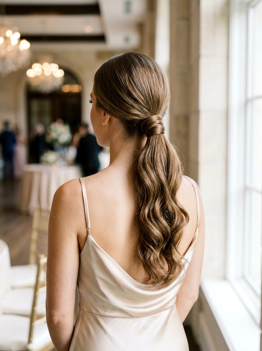 Low Ponytail With Wrapped Base And Wavy Ends - 20 wedding guest low ponytail with waves - 20 wedding guest low ponytail with waves