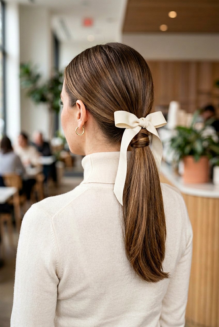 Low Ponytail With Wrapped Bow - 20 birthday hairstyle with bow ponytail - 20 birthday hairstyle with bow ponytail