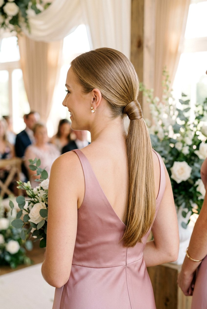 Low Ponytail With Wrapped Hair Tie For Bridesmaids - 20 bridesmaid low ponytail hairstyle - 20 bridesmaid low ponytail hairstyle